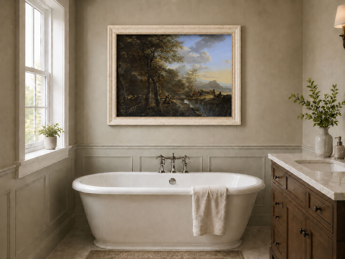 Landscape Oil Painting - Italian Mountain Landscape Travelers