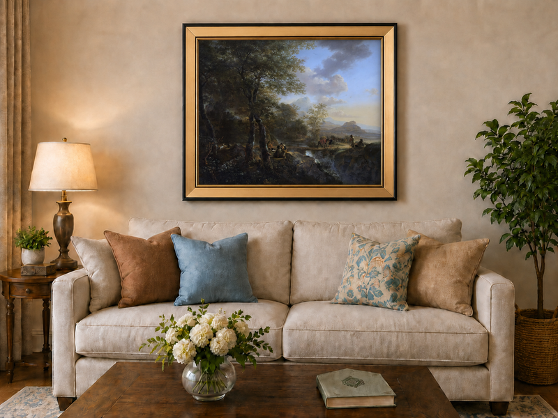 Landscape Oil Painting - Italian Mountain Landscape Travelers