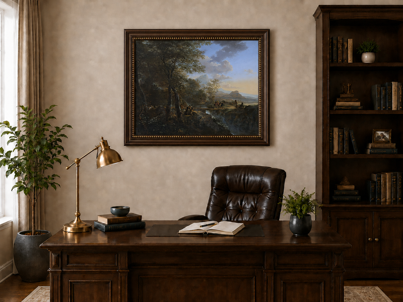 Landscape Oil Painting - Italian Mountain Landscape Travelers