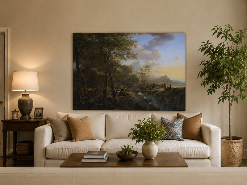 Landscape Oil Painting - Italian Mountain Landscape Travelers