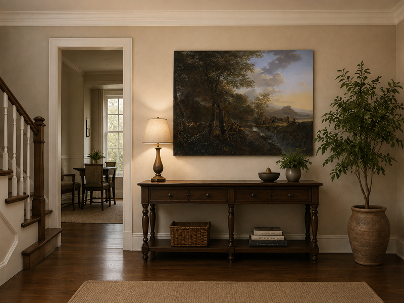 Landscape Oil Painting - Italian Mountain Landscape Travelers