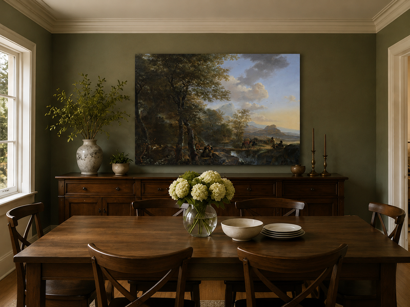 Landscape Oil Painting - Italian Mountain Landscape Travelers