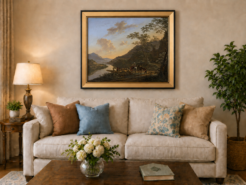 Landscape Oil Painting - Italian River Crossing with Travelers