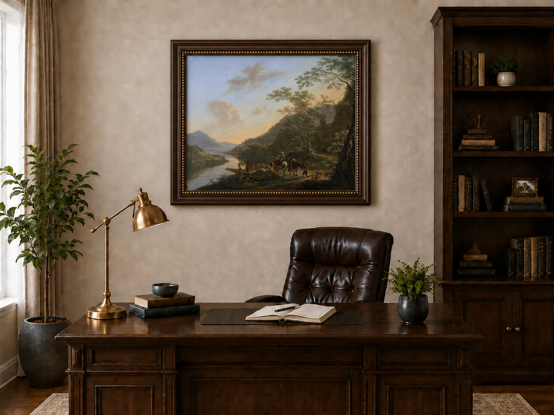 Landscape Oil Painting - Italian River Crossing with Travelers