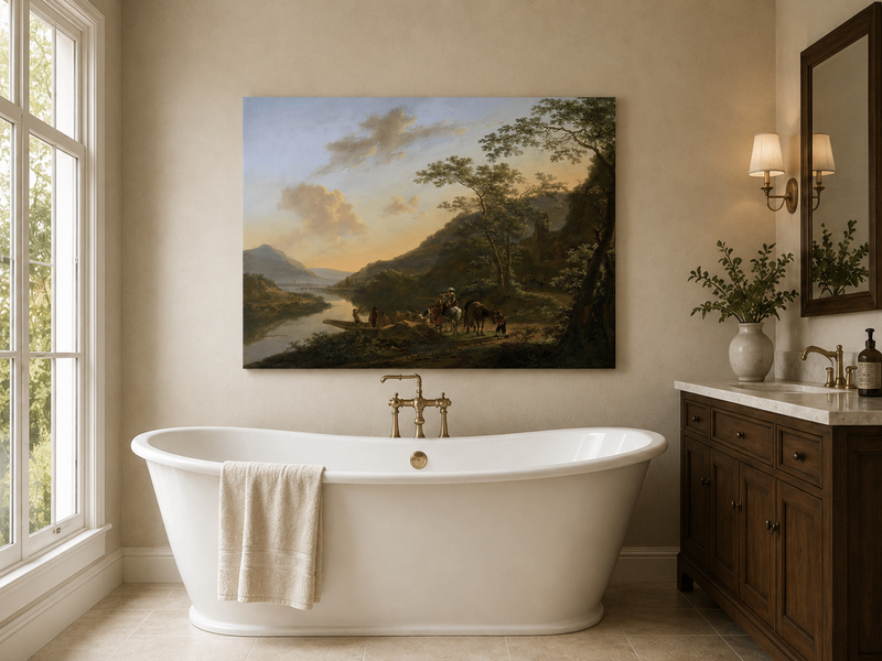Landscape Oil Painting - Italian River Crossing with Travelers