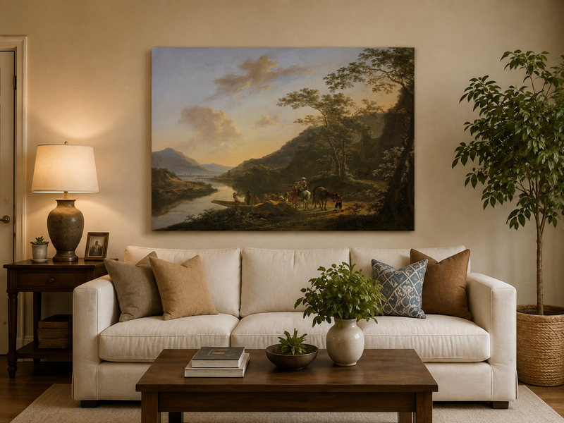 Landscape Oil Painting - Italian River Crossing with Travelers