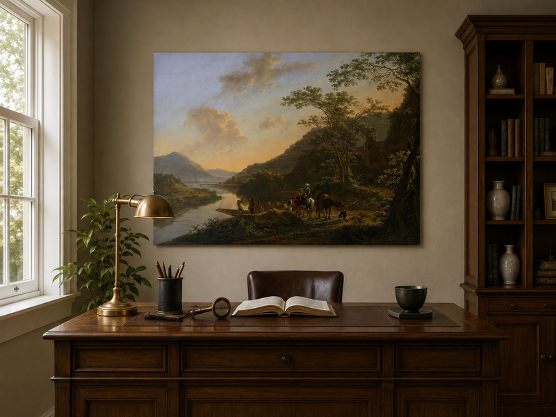 Landscape Oil Painting - Italian River Crossing with Travelers