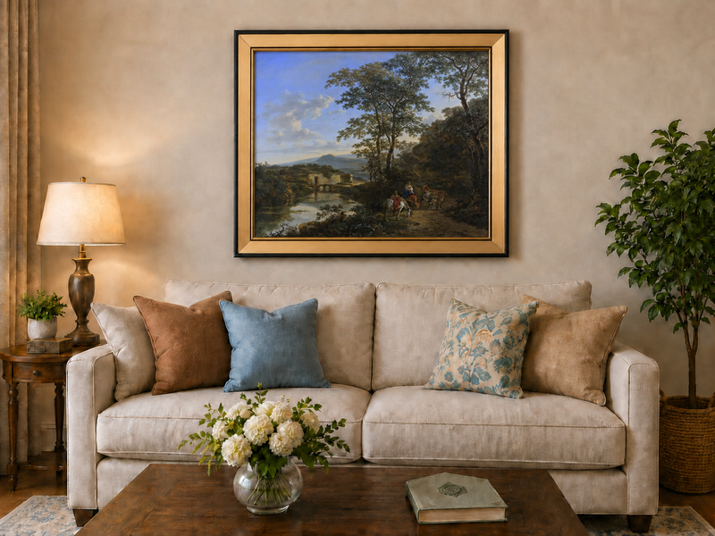 Landscape Oil Painting - Italian River Landscape with Travelers