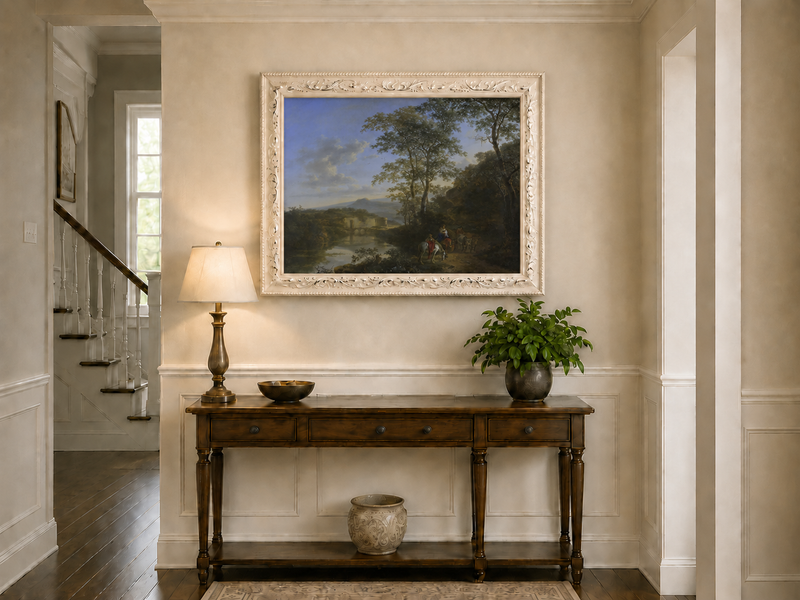 Landscape Oil Painting - Italian River Landscape with Travelers