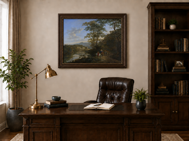 Landscape Oil Painting - Italian River Landscape with Travelers