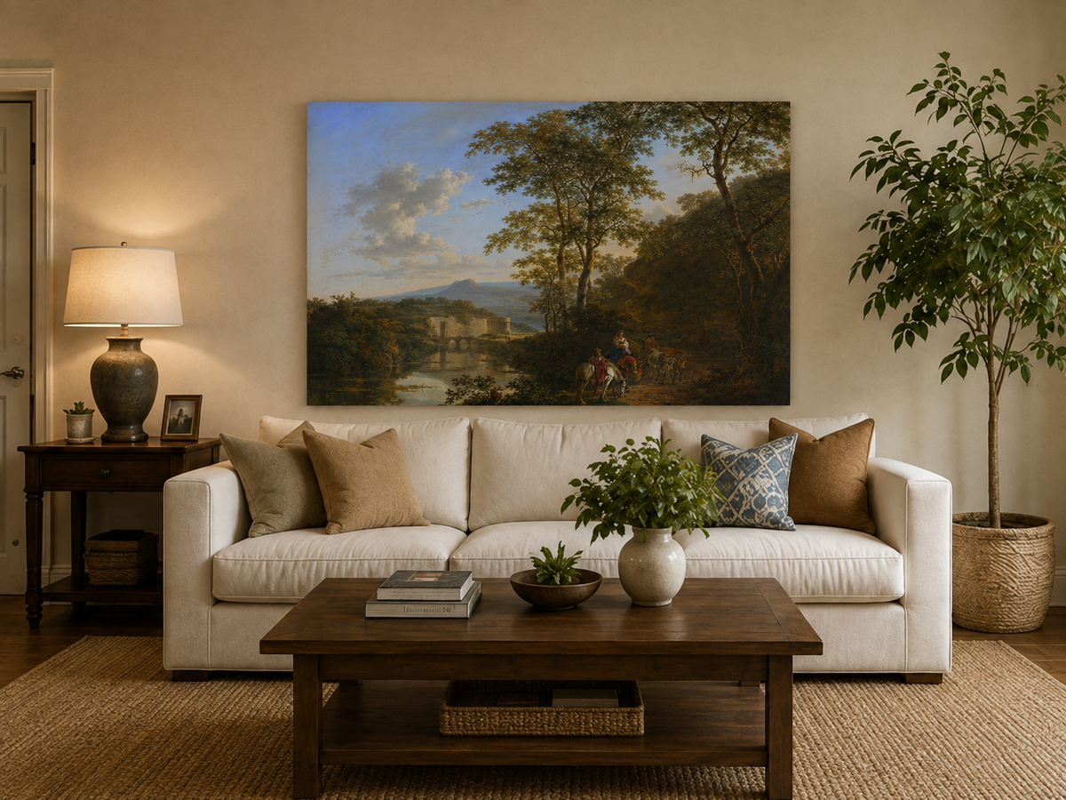 Landscape Oil Painting - Italian River Landscape with Travelers