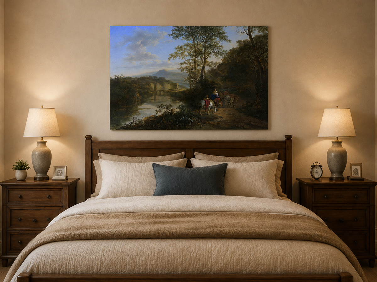 Landscape Oil Painting - Italian River Landscape with Travelers