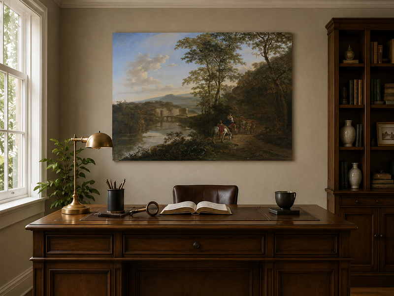 Landscape Oil Painting - Italian River Landscape with Travelers