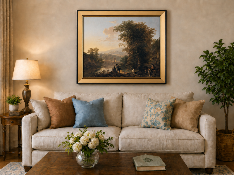 Landscape Oil Painting - Riverside Figures, Bridge & Mountains