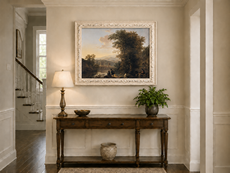Landscape Oil Painting - Riverside Figures, Bridge & Mountains