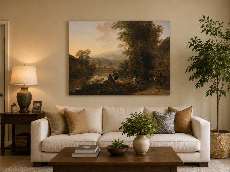 Landscape Oil Painting - Riverside Figures, Bridge & Mountains