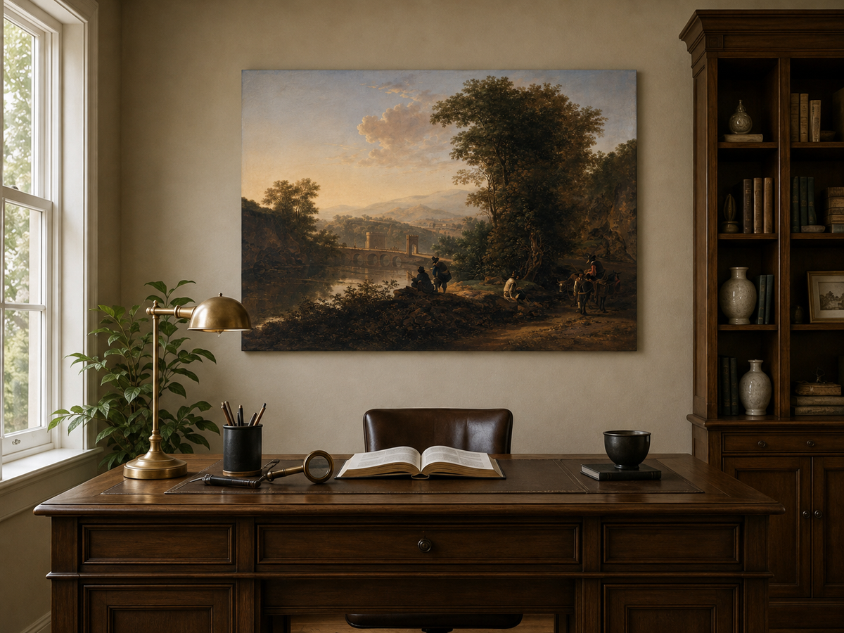 Landscape Oil Painting - Riverside Figures, Bridge & Mountains