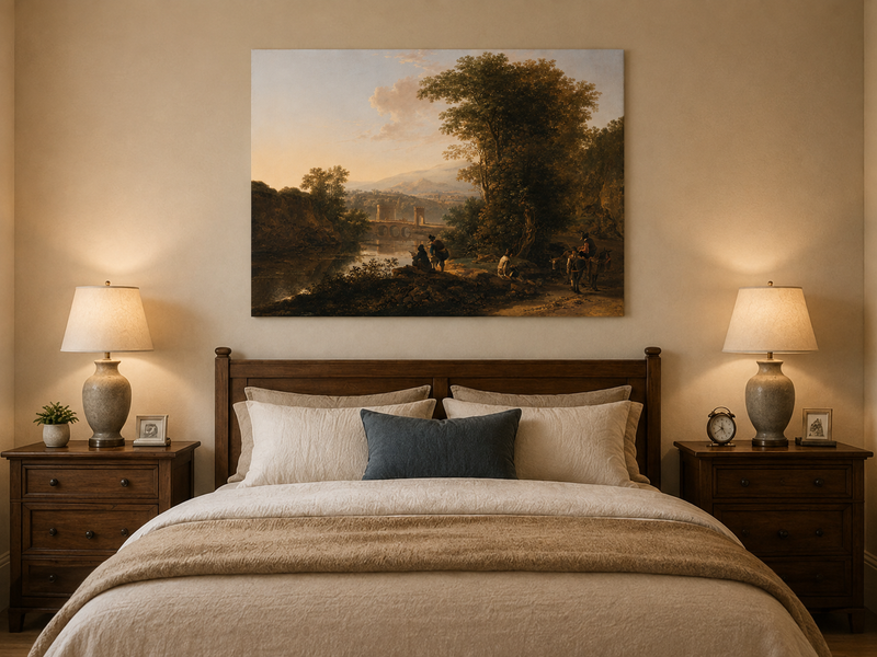 Landscape Oil Painting - Riverside Figures, Bridge & Mountains