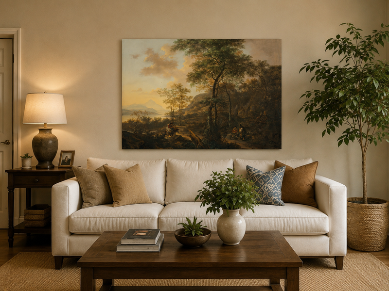 Landscape Oil Painting - Mountain Path with Travelers at Sunset