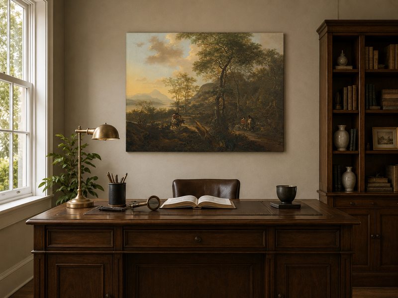 Landscape Oil Painting - Mountain Path with Travelers at Sunset