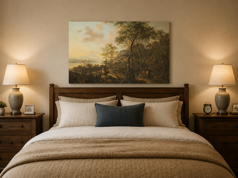 Landscape Oil Painting - Mountain Path with Travelers at Sunset