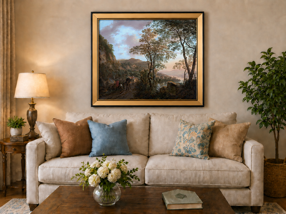 Peinture à l'huile de paysage - Chemin de montagne avec personnages et chevaux
