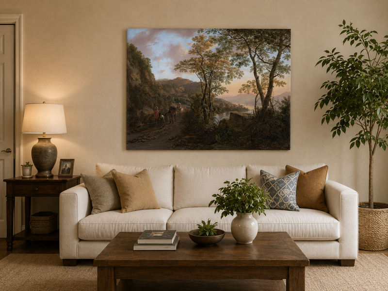 Peinture à l'huile de paysage - Chemin de montagne avec personnages et chevaux