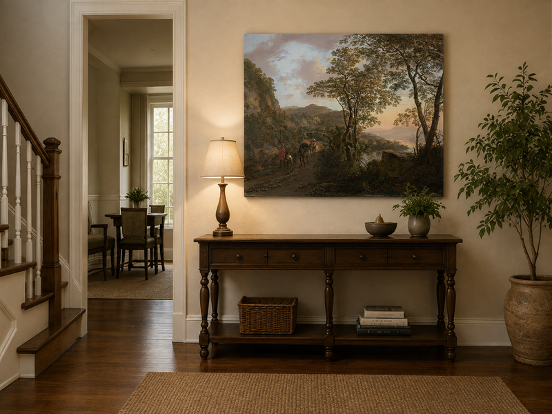 Peinture à l'huile de paysage - Chemin de montagne avec personnages et chevaux