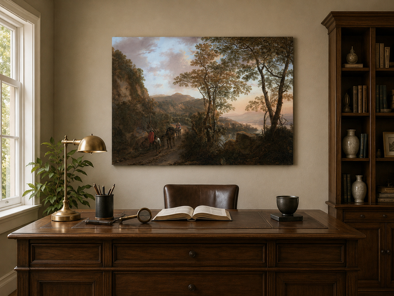 Peinture à l'huile de paysage - Chemin de montagne avec personnages et chevaux
