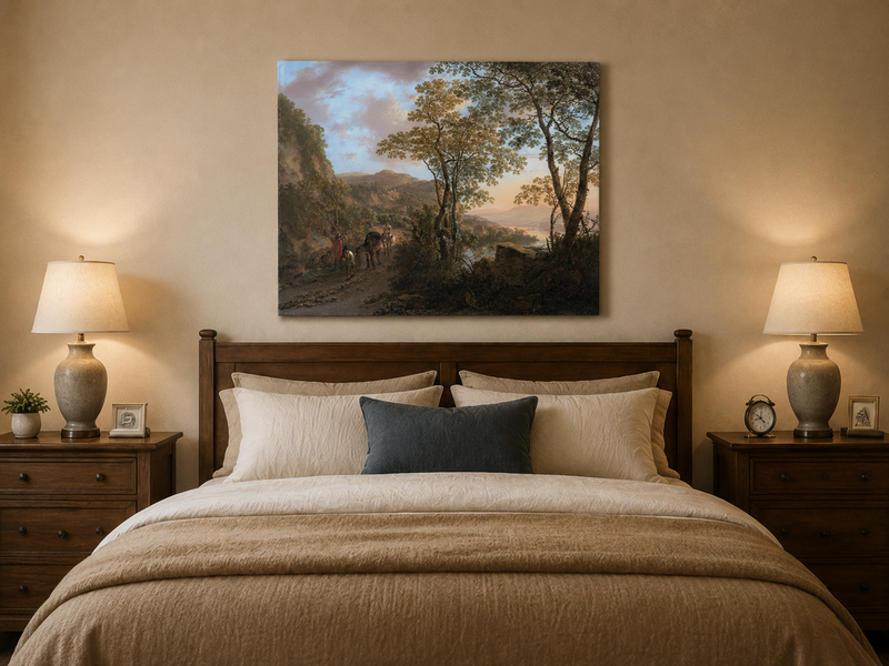 Peinture à l'huile de paysage - Chemin de montagne avec personnages et chevaux