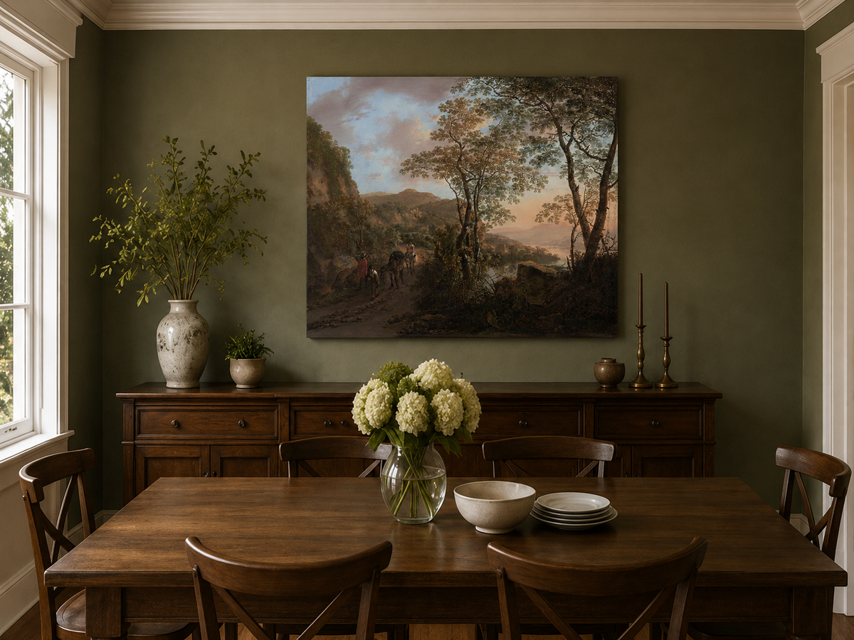 Peinture à l'huile de paysage - Chemin de montagne avec personnages et chevaux