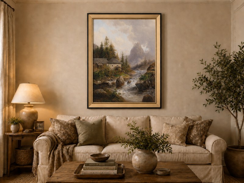 Landscape Oil Painting - Mountain Stream, Water Mill & Mountain