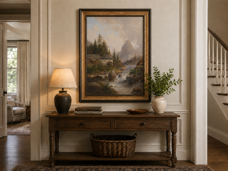 Landscape Oil Painting - Mountain Stream, Water Mill & Mountain