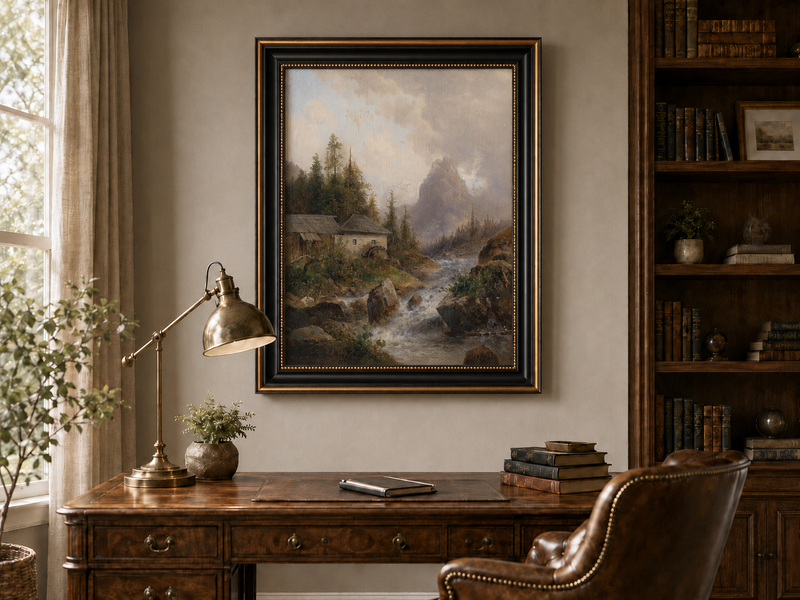 Landscape Oil Painting - Mountain Stream, Water Mill & Mountain