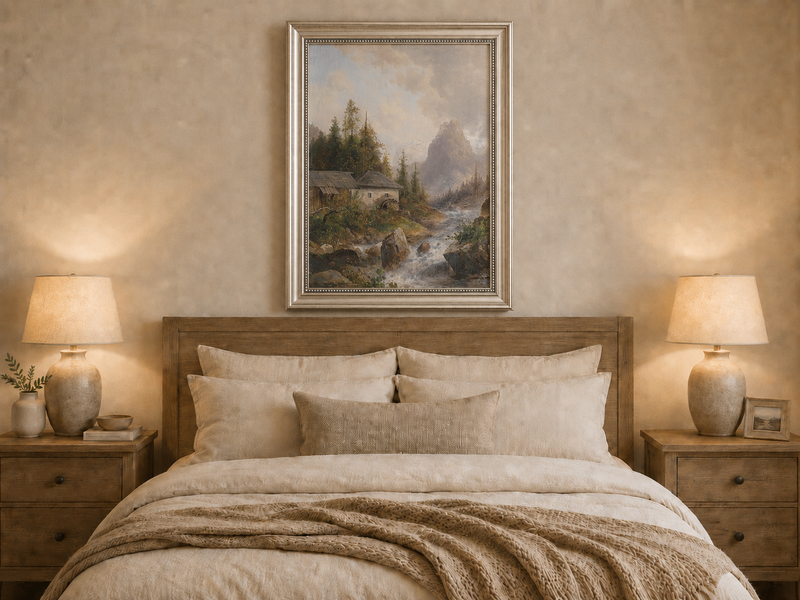 Landscape Oil Painting - Mountain Stream, Water Mill & Mountain