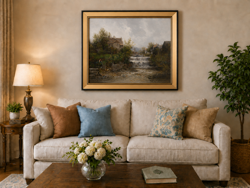 Landscape Oil Painting - Rural Village, Stream Waterfall & Stone