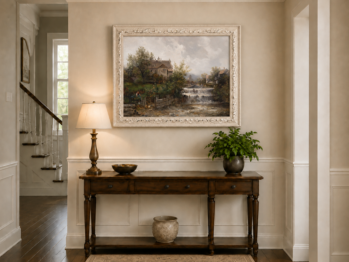 Landscape Oil Painting - Rural Village, Stream Waterfall & Stone