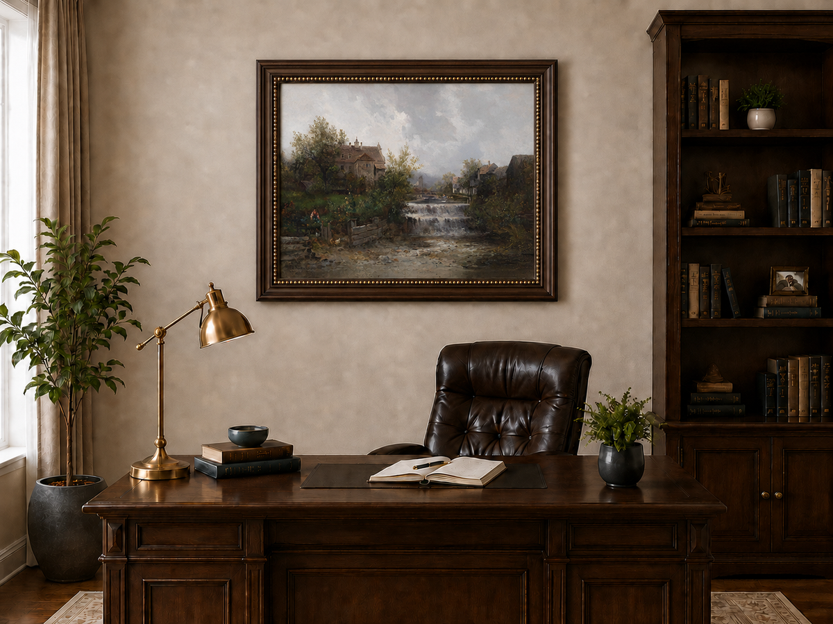Landscape Oil Painting - Rural Village, Stream Waterfall & Stone