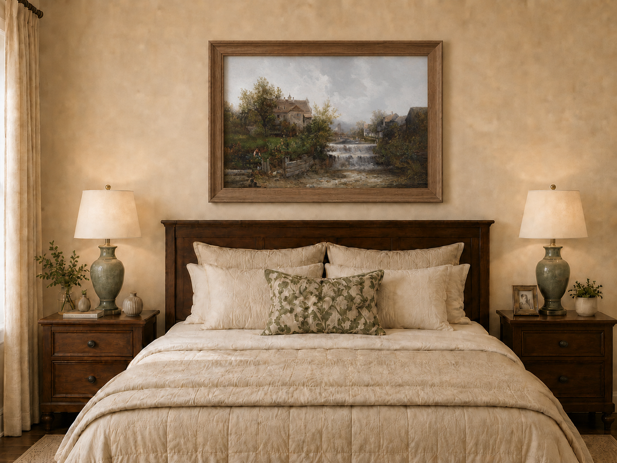 Landscape Oil Painting - Rural Village, Stream Waterfall & Stone