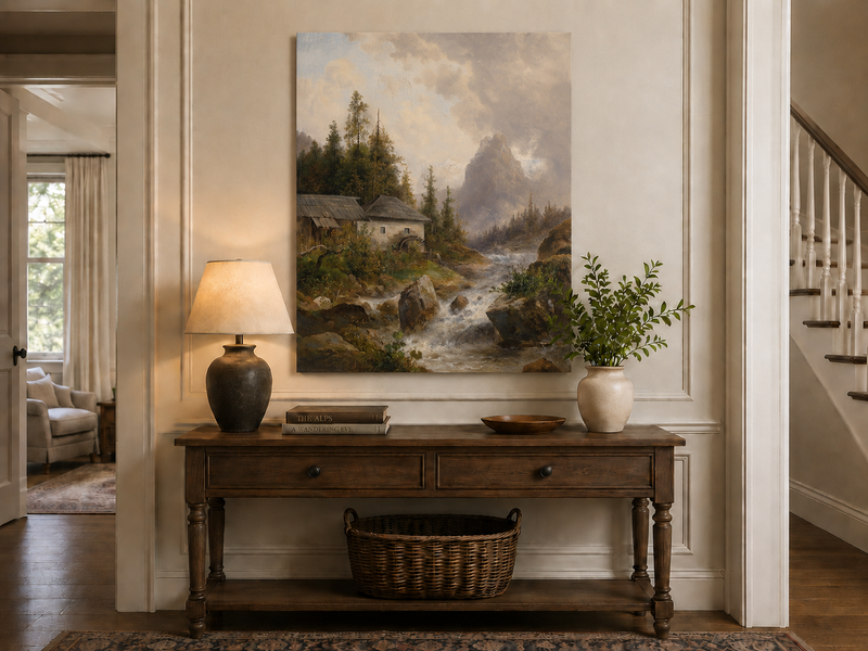 Landscape Oil Painting - Mountain Stream, Water Mill & Mountain