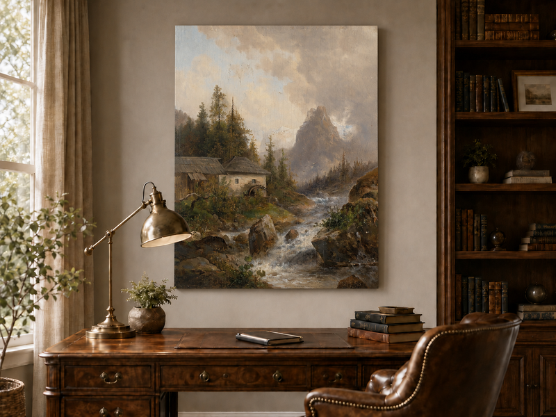 Landscape Oil Painting - Mountain Stream, Water Mill & Mountain
