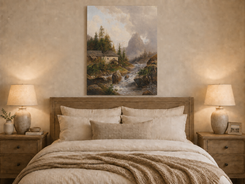 Landscape Oil Painting - Mountain Stream, Water Mill & Mountain