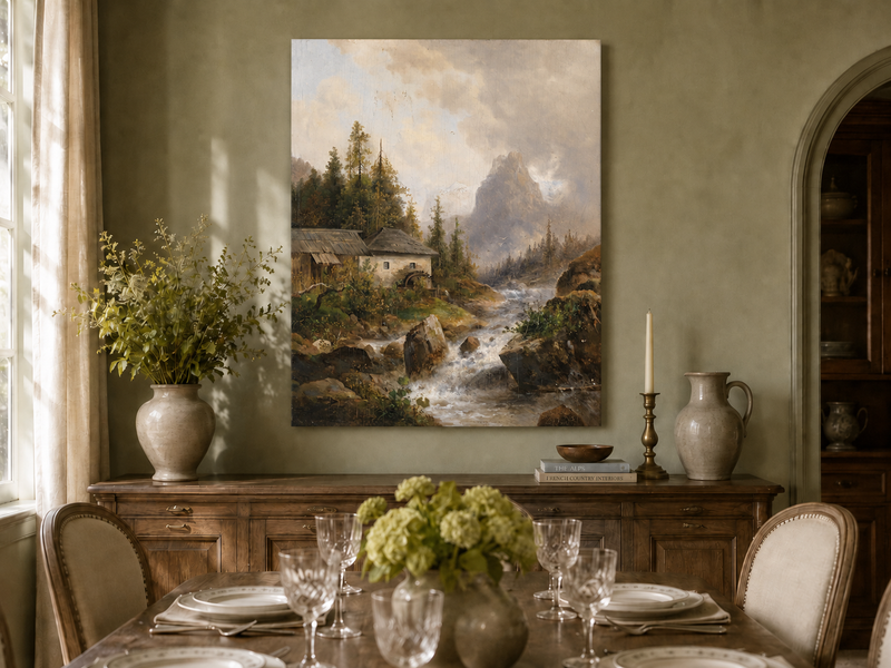 Landscape Oil Painting - Mountain Stream, Water Mill & Mountain