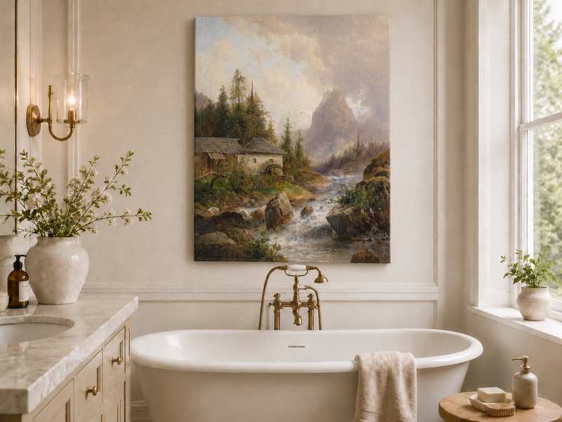 Landscape Oil Painting - Mountain Stream, Water Mill & Mountain