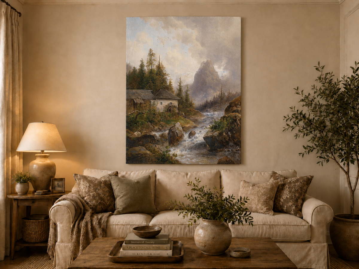 Landscape Oil Painting - Mountain Stream, Water Mill & Mountain