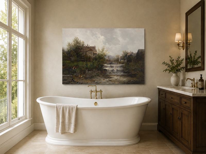 Landscape Oil Painting - Rural Village, Stream Waterfall & Stone