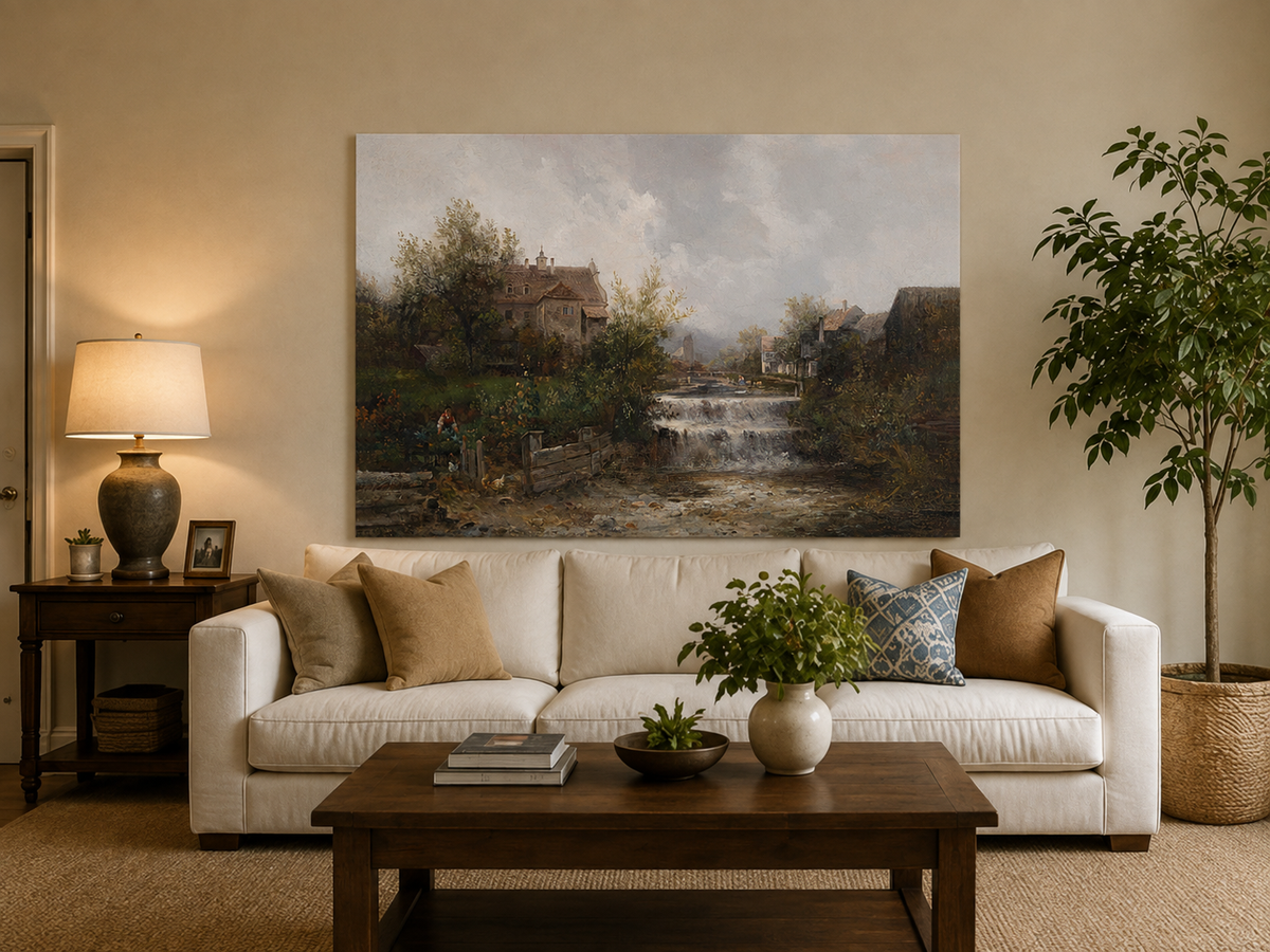Landscape Oil Painting - Rural Village, Stream Waterfall & Stone