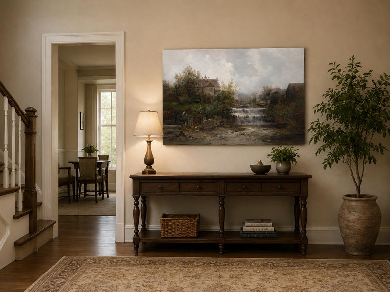 Landscape Oil Painting - Rural Village, Stream Waterfall & Stone