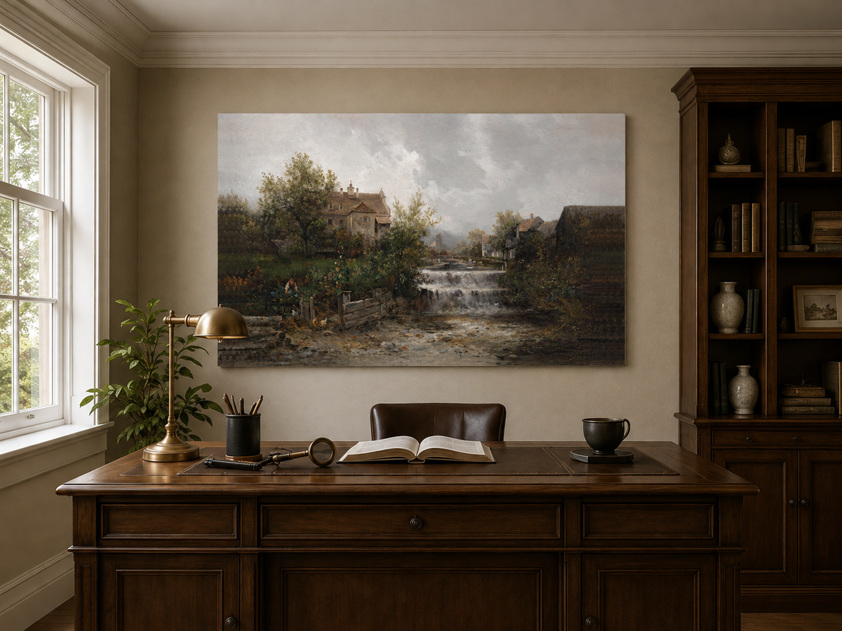 Landscape Oil Painting - Rural Village, Stream Waterfall & Stone