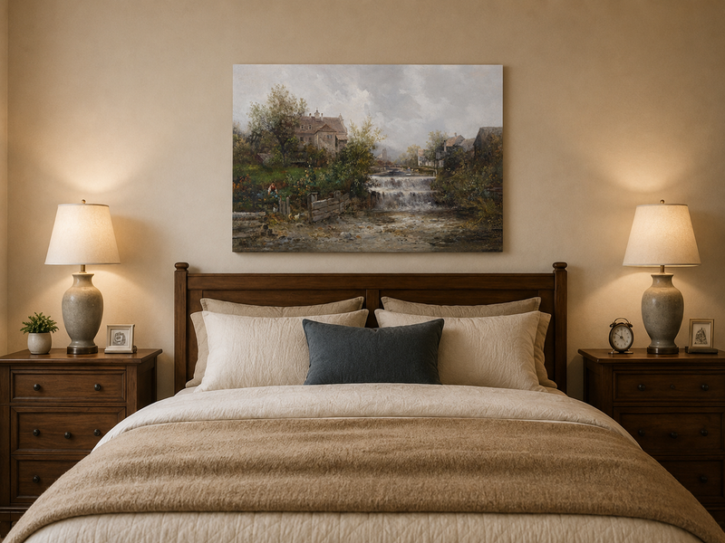 Landscape Oil Painting - Rural Village, Stream Waterfall & Stone